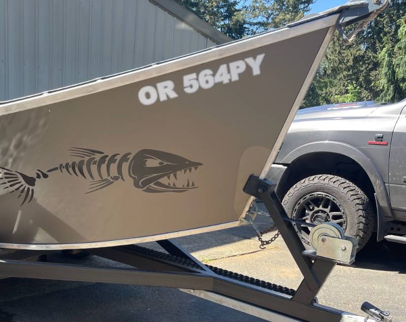 1989 Alumaweld drift boat Fish and letters Lettering from TONY B, OR