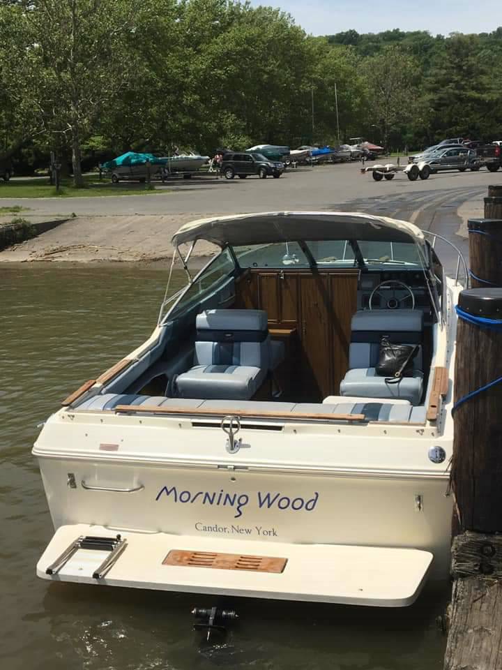 1986 Sea Ray Cuddy. Our new old boat Lettering from Daniel W, NY