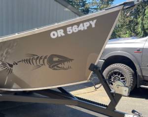 1989 Alumaweld drift boat Fish and letters Lettering from TONY B, OR